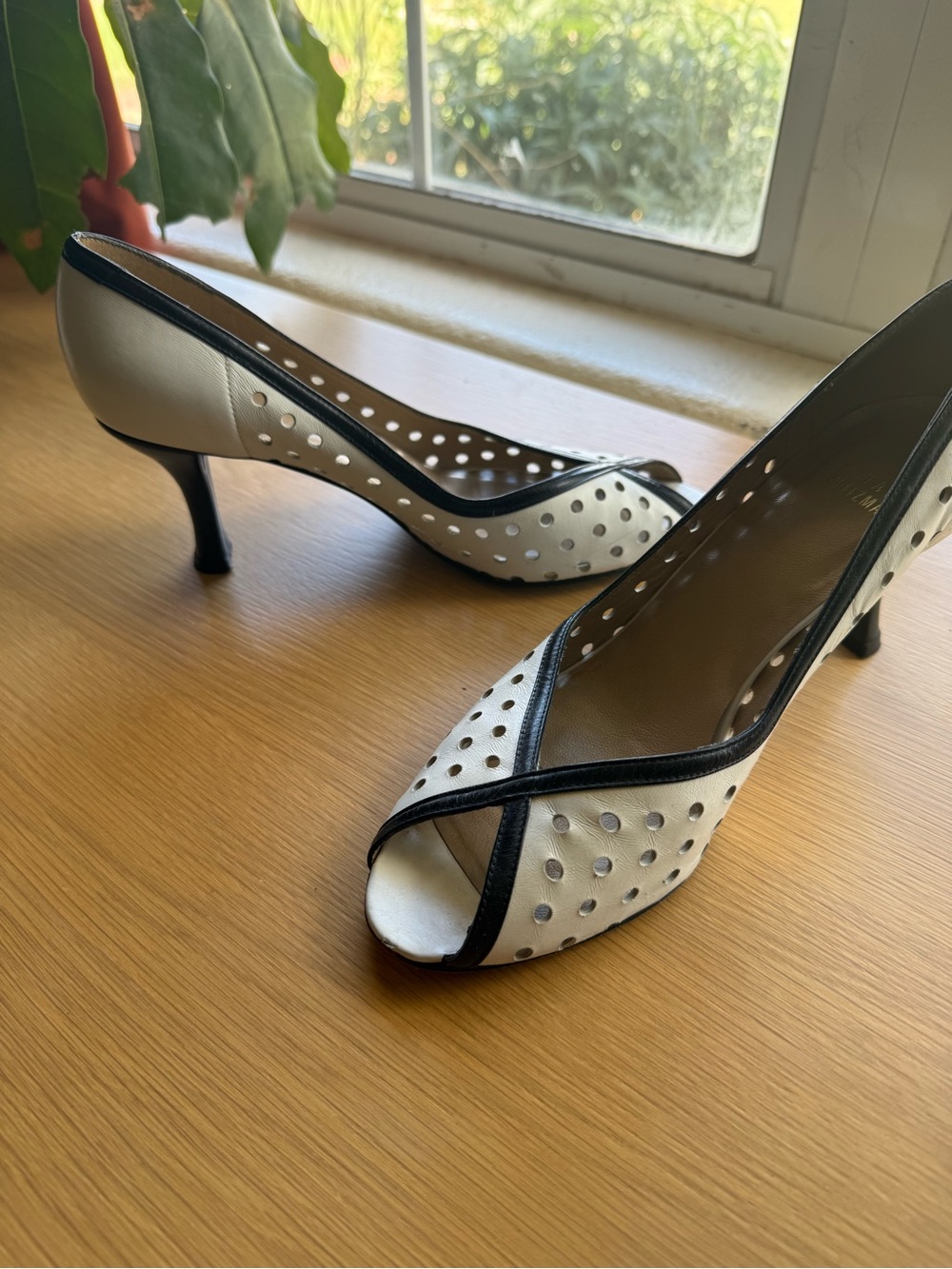 Stuart Weitzman Classic Peep-Toe Heels in White with Black Trim